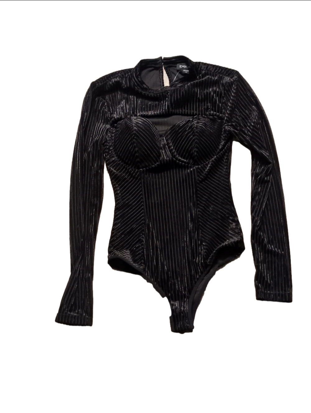 Bebe Shadow Stripe Velour Cutout Knit Bodysuit In Black Size Xs